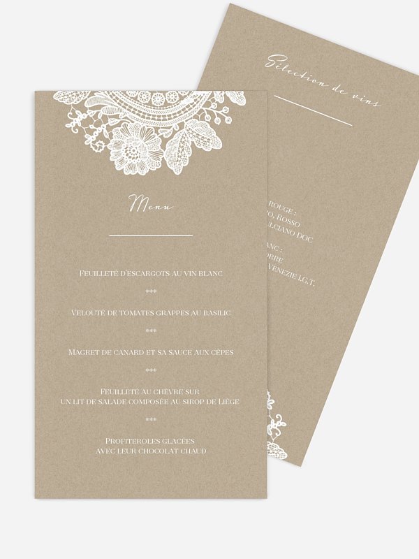 Menu mariage Dentelle vintage