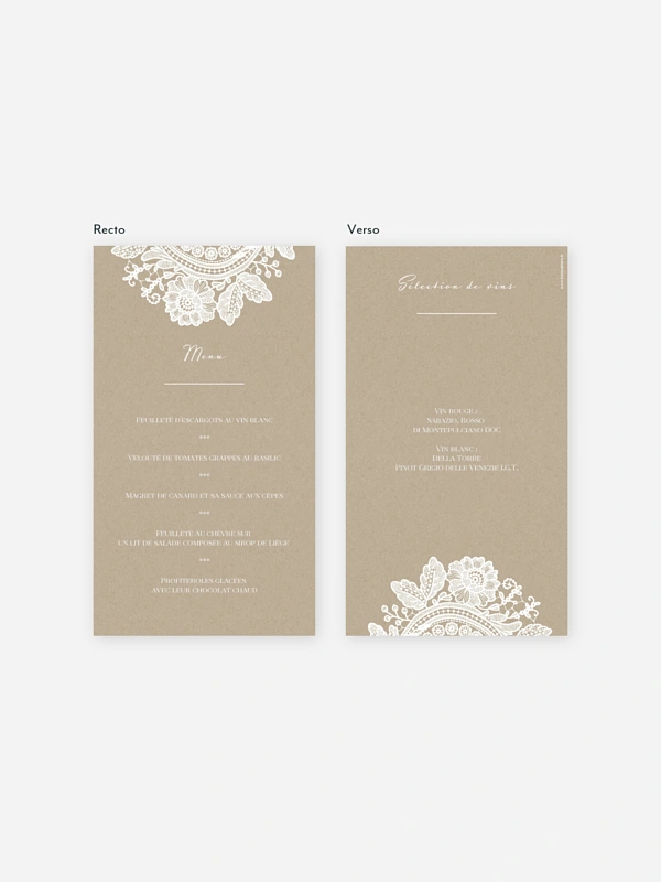 Menu mariage Dentelle vintage