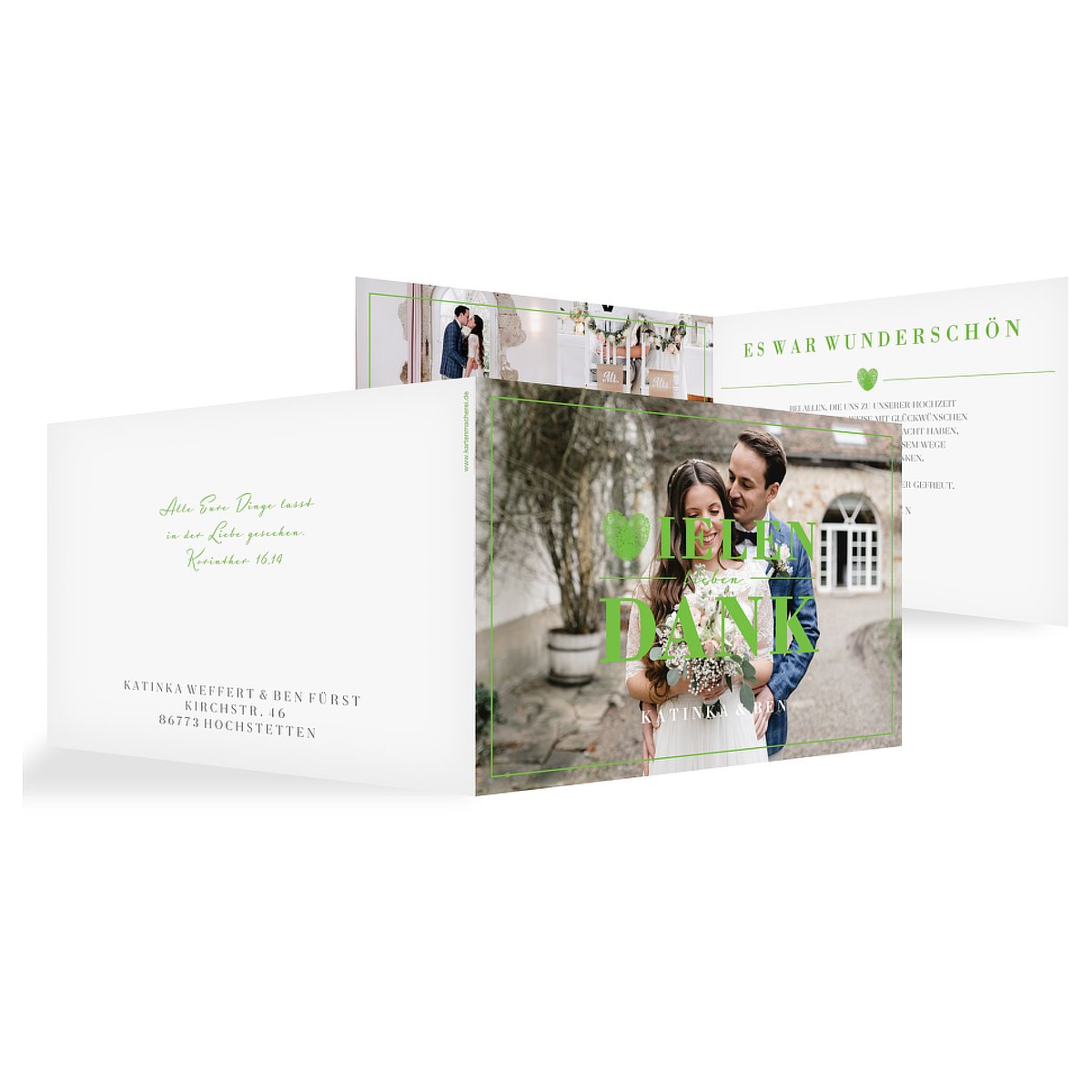 Dankeskarten Hochzeit mit Foto in hellgrün, Mittlere Klappkarte flach als Danksagungskarte Hochzeit, Hochzeit Danksagung Loveprint mit Text