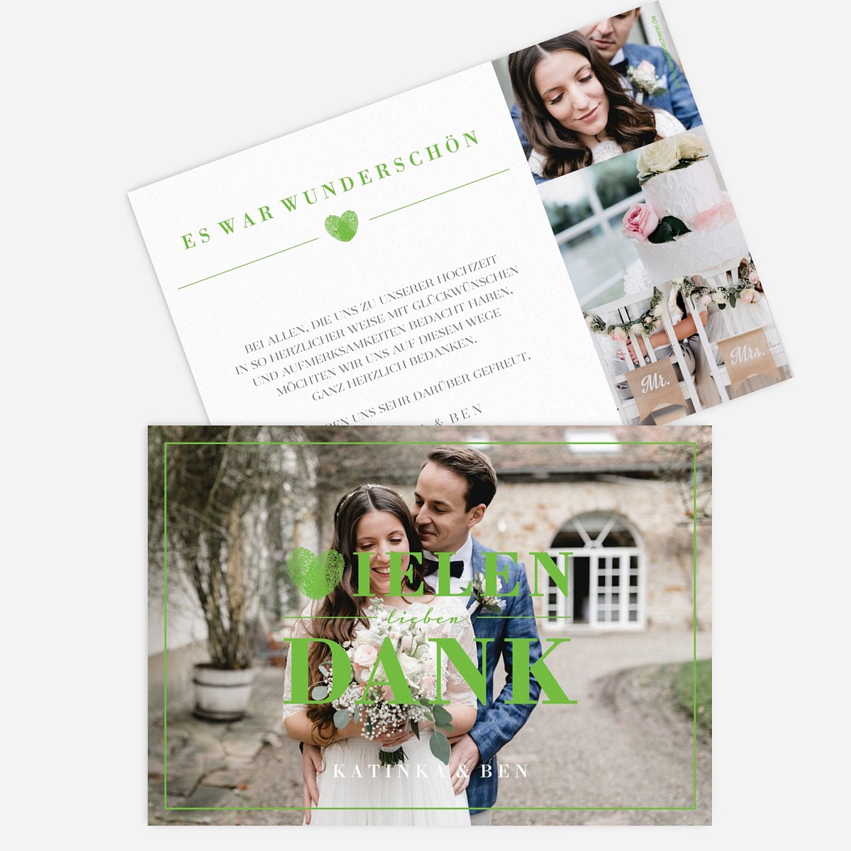 Dankeskarten Hochzeit mit Foto in hellgrün, Mittlere Postkarte flach als Danksagungskarte Hochzeit, Hochzeit Danksagung Loveprint mit Text gestalten.|