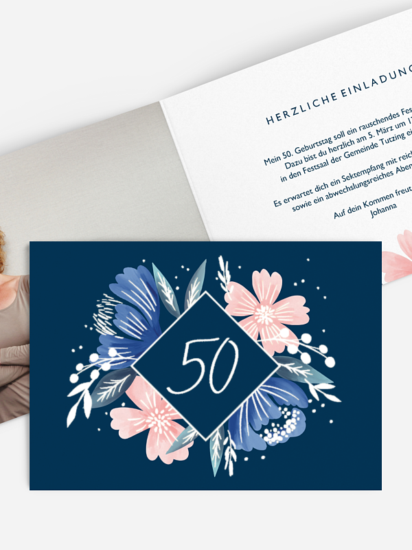 Einladung 50. Geburtstag Noble Flowers Premium