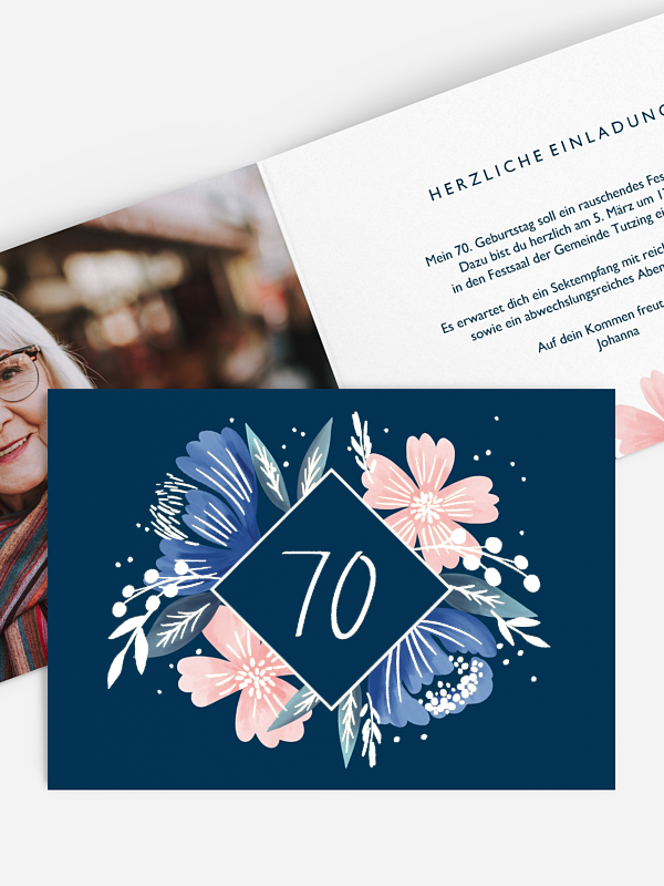 Einladung 70. Geburtstag Noble Flowers Premium