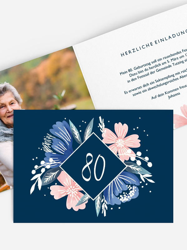 Einladung 80. Geburtstag Noble Flowers Premium