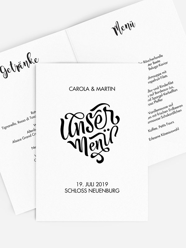 Menükarte Hochzeit Kalligrafieherz