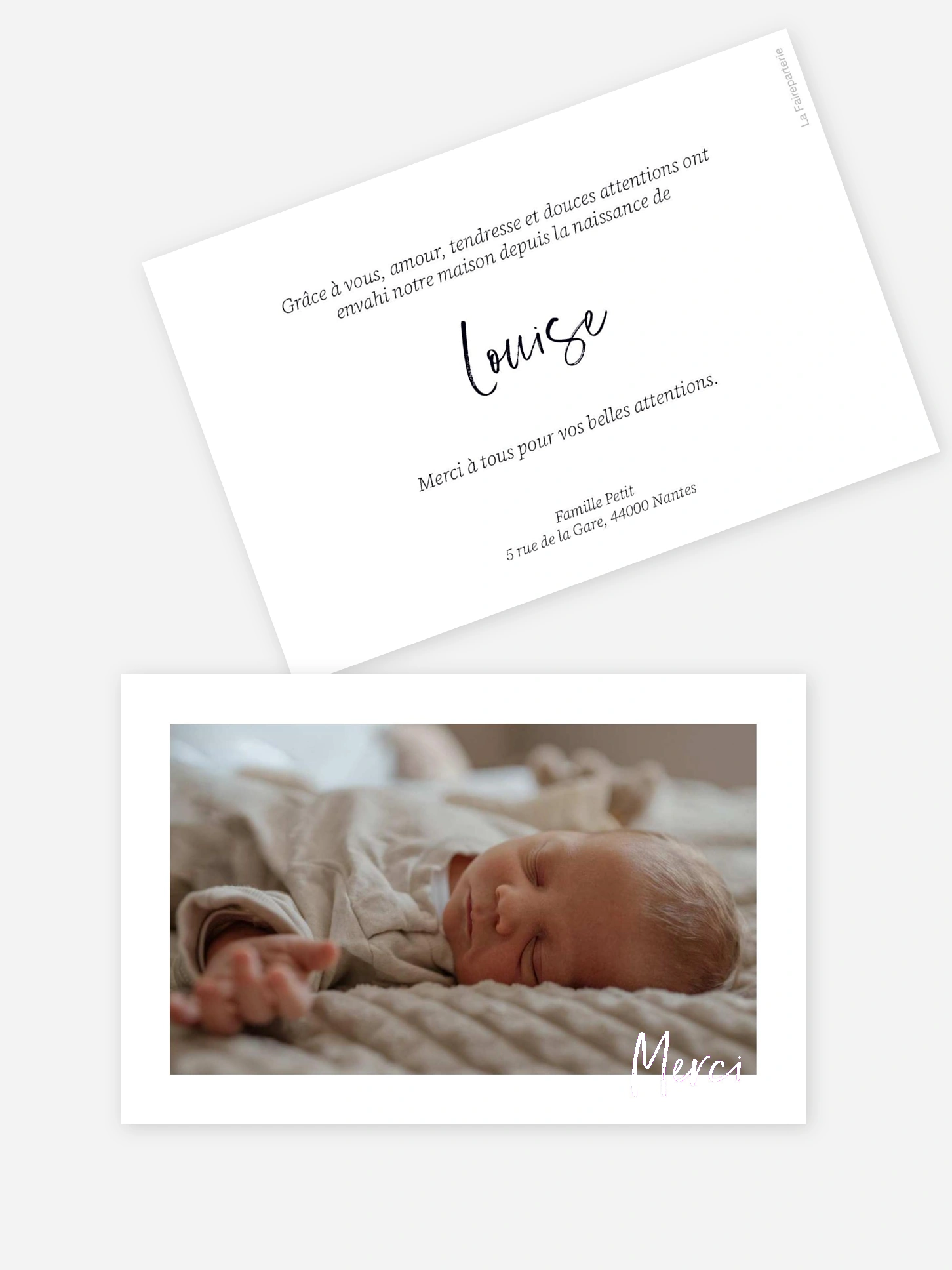 Carte remerciement naissance Premières lettres