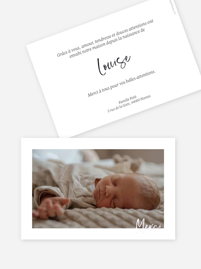 Carte remerciement naissance Premières lettres