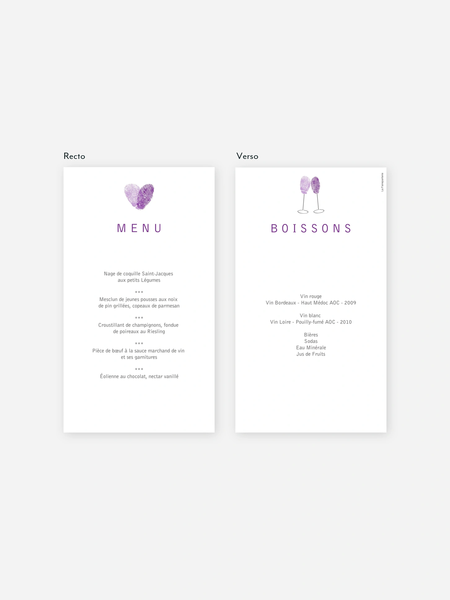 Menu mariage Empreinte du coeur