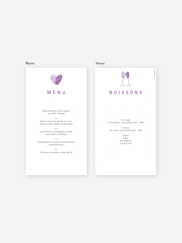 Menu mariage Empreinte du coeur