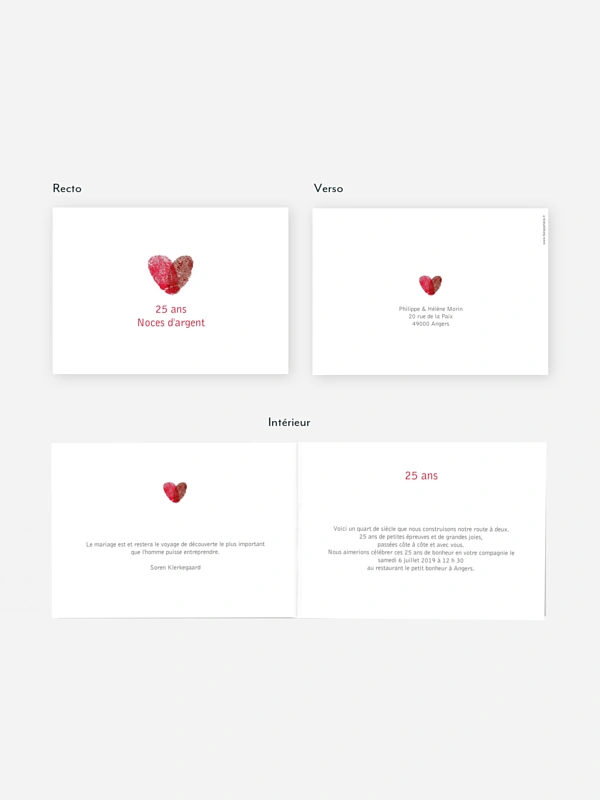Invitation anniversaire mariage 25 ans Empreinte du coeur