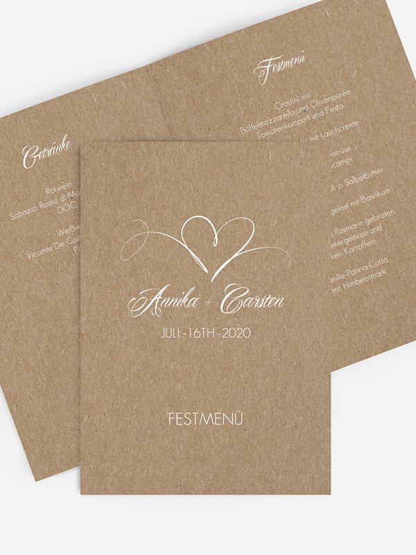 Menükarte Hochzeit Herzschlag Kraftpapier