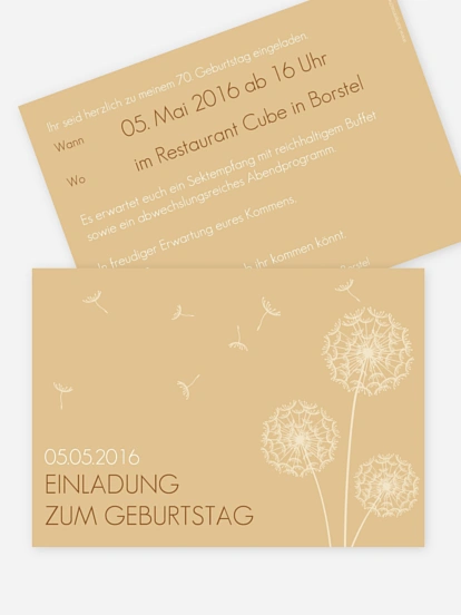 Einladung 70. Geburtstag Pusteblume