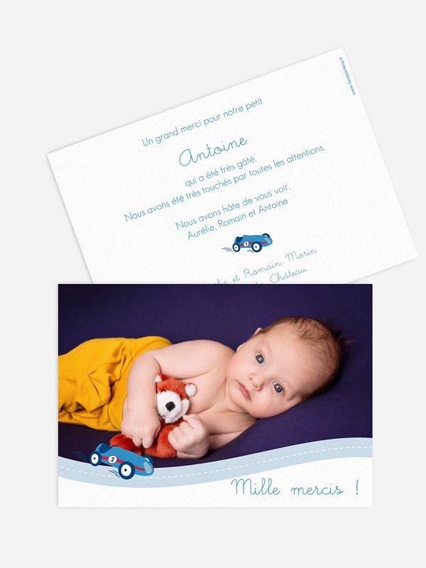 Carte remerciement naissance Voiture de course