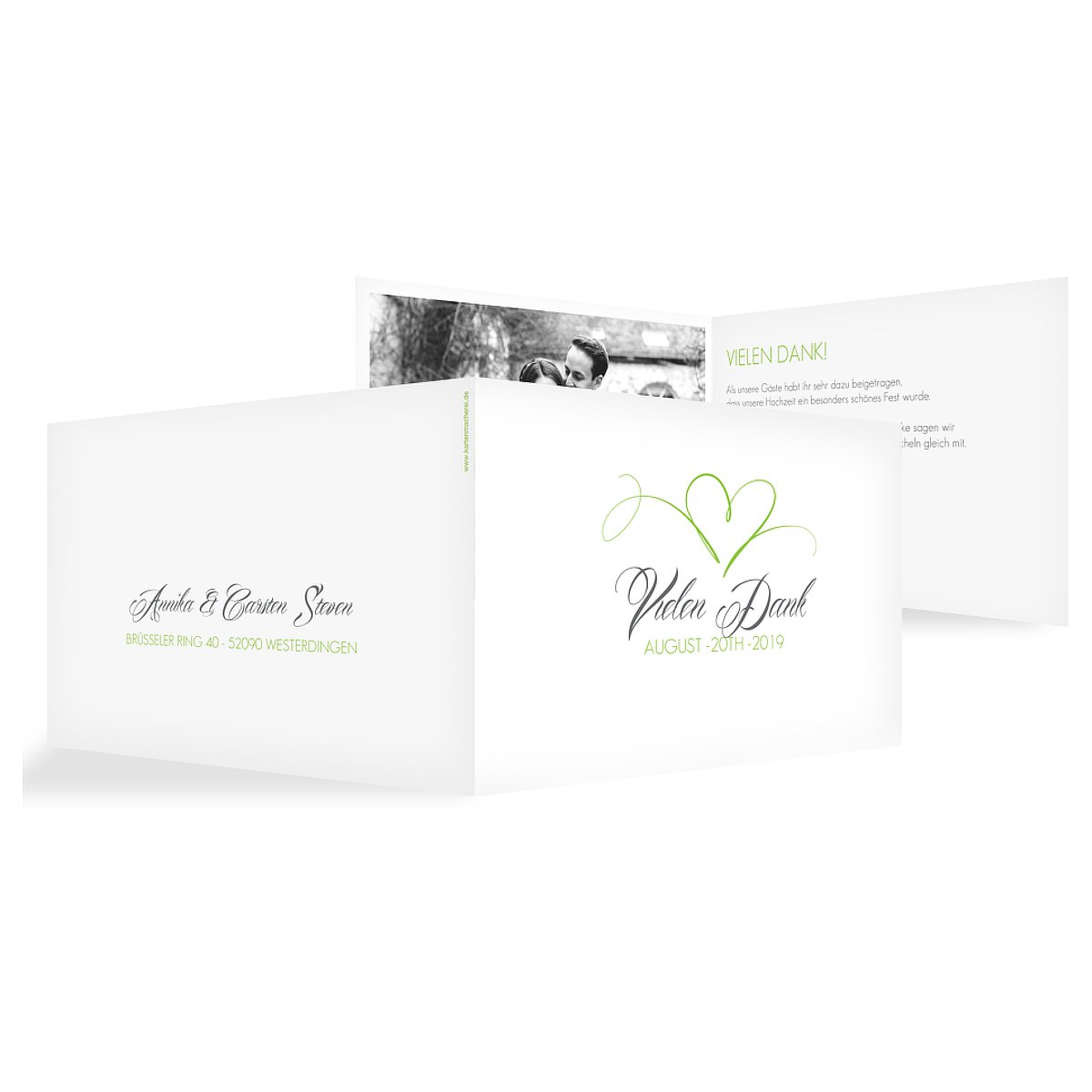 Dankeskarten Hochzeit mit Foto in hellgrün, Mittlere Klappkarte flach als Danksagungskarte Hochzeit, Hochzeit Danksagung Herzschlag mit Text|