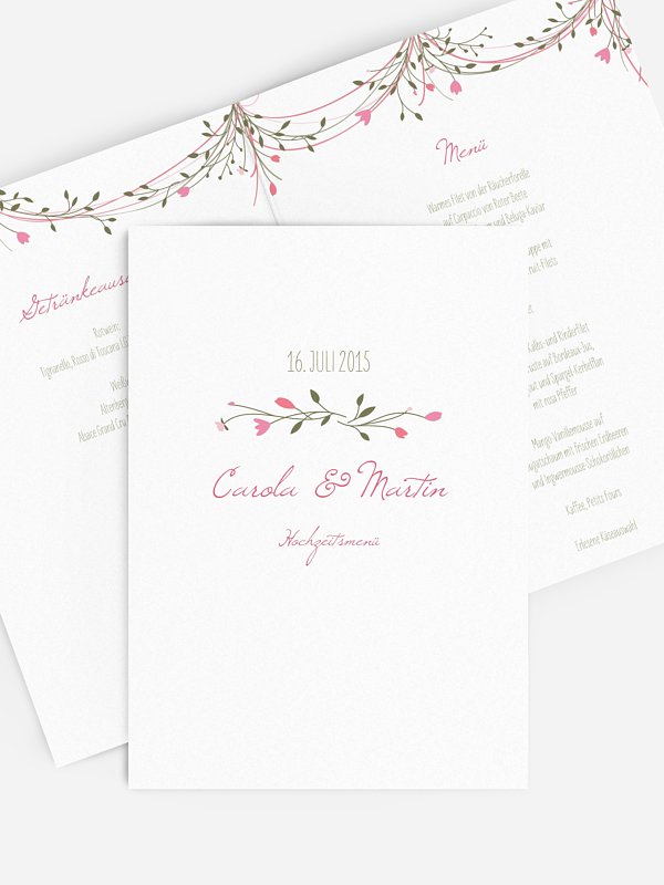 Menükarte Hochzeit Blumengirlande
