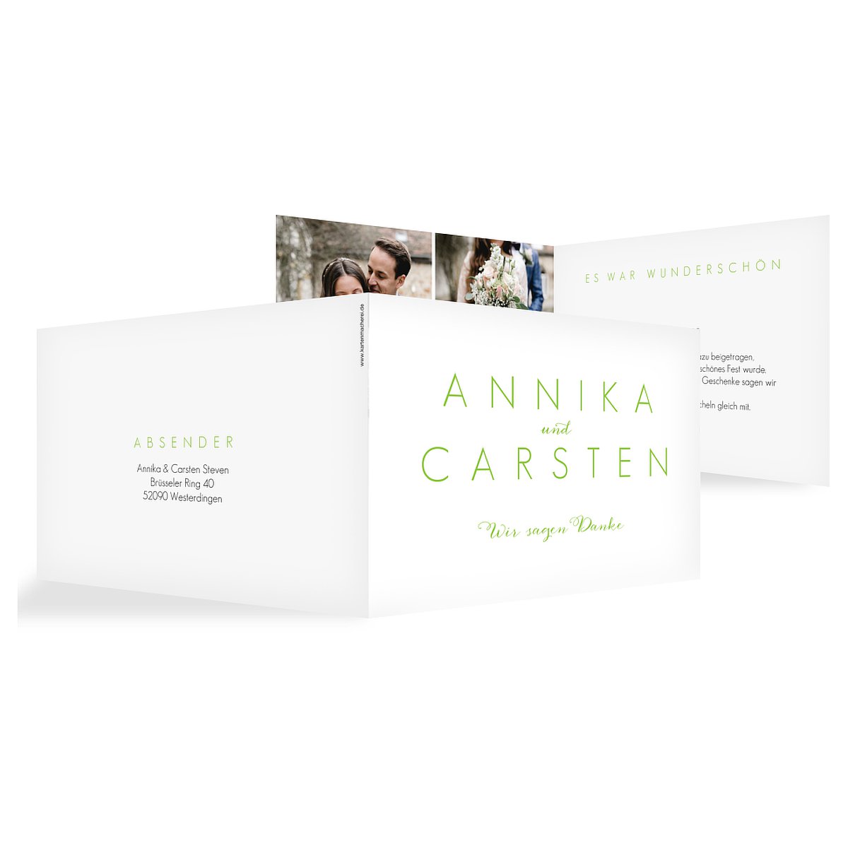 Dankeskarten Hochzeit mit Foto in hellgrün, Mittlere Klappkarte flach als Danksagungskarte Hochzeit, Hochzeit Danksagung Script mit Text gestalten.|