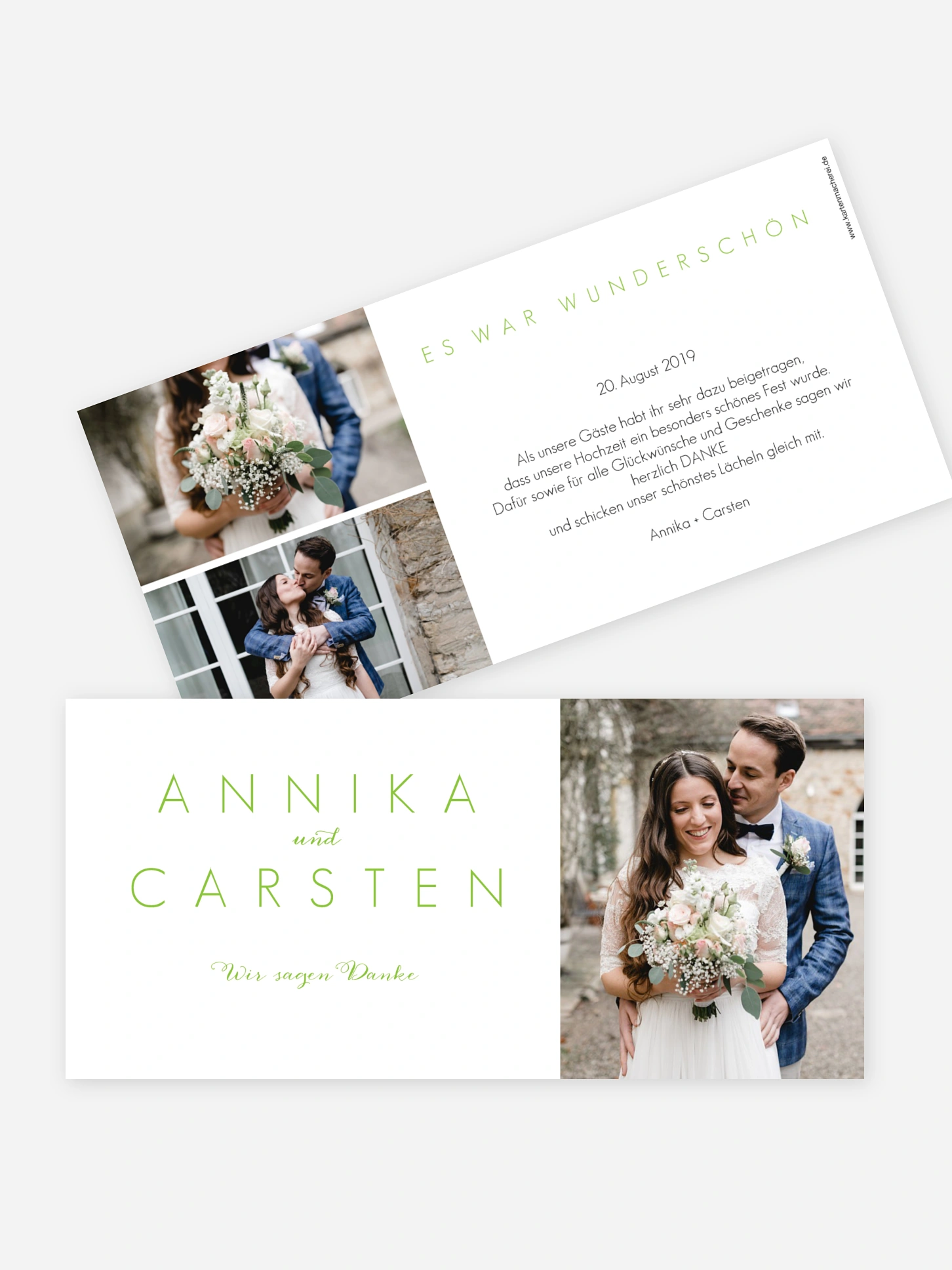 Dankeskarten Hochzeit mit Foto in hellgrün, Lange Postkarte flach als Danksagungskarte Hochzeit, Hochzeit Danksagung Script mit Text gestalten.|