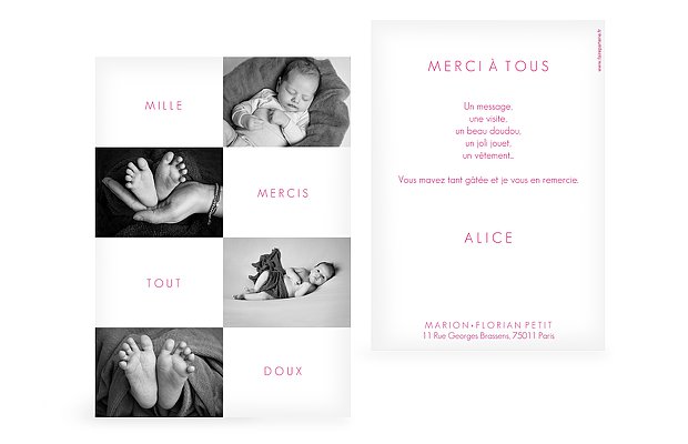 Carte remerciement naissance Damier de photos
