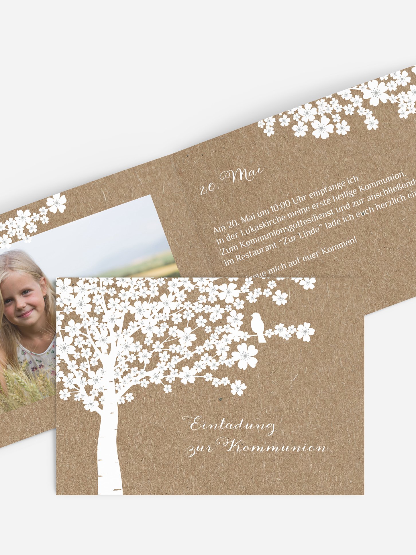 Kommunionseinladung Kirschblüten Kraftpapier