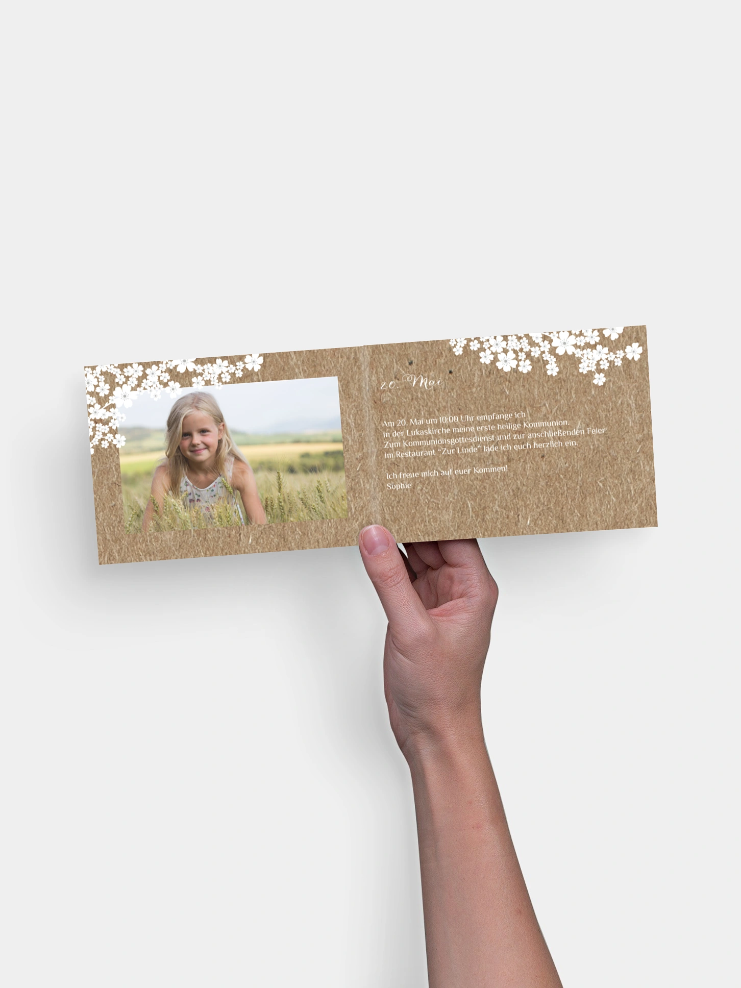 Kommunionseinladung Kirschblüten Kraftpapier