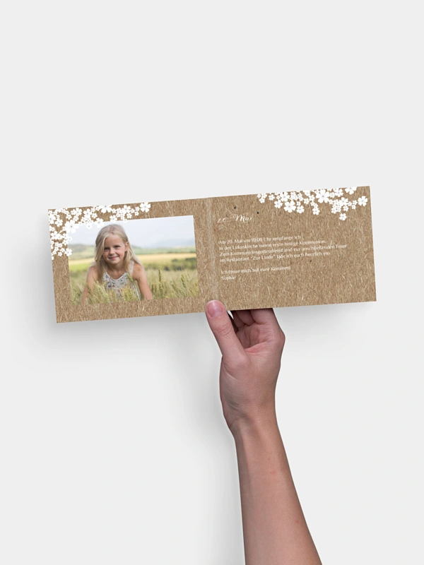 Kommunionseinladung Kirschblüten Kraftpapier