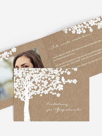 Einladung Jugendweihe Kirschblüten Kraftpapier