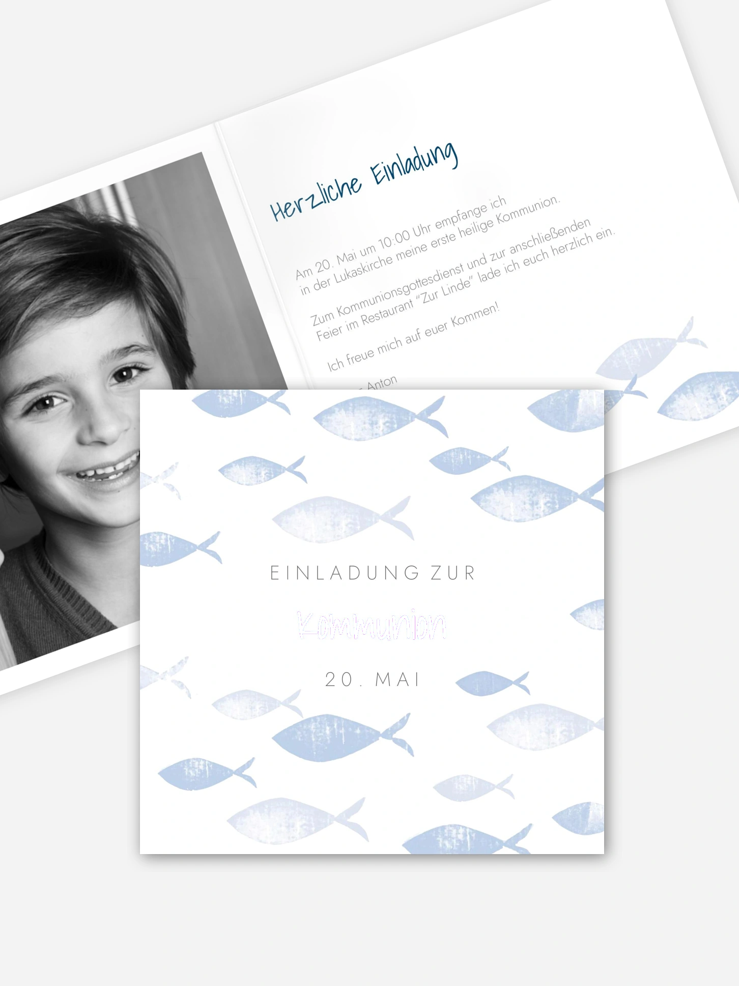 Kommunionseinladung Fischschwarm