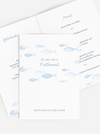Menükarte Konfirmation Fischschwarm