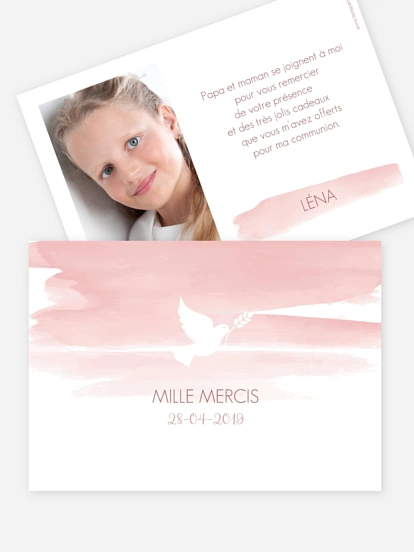 Carte remerciement communion Colombe en aquarelle