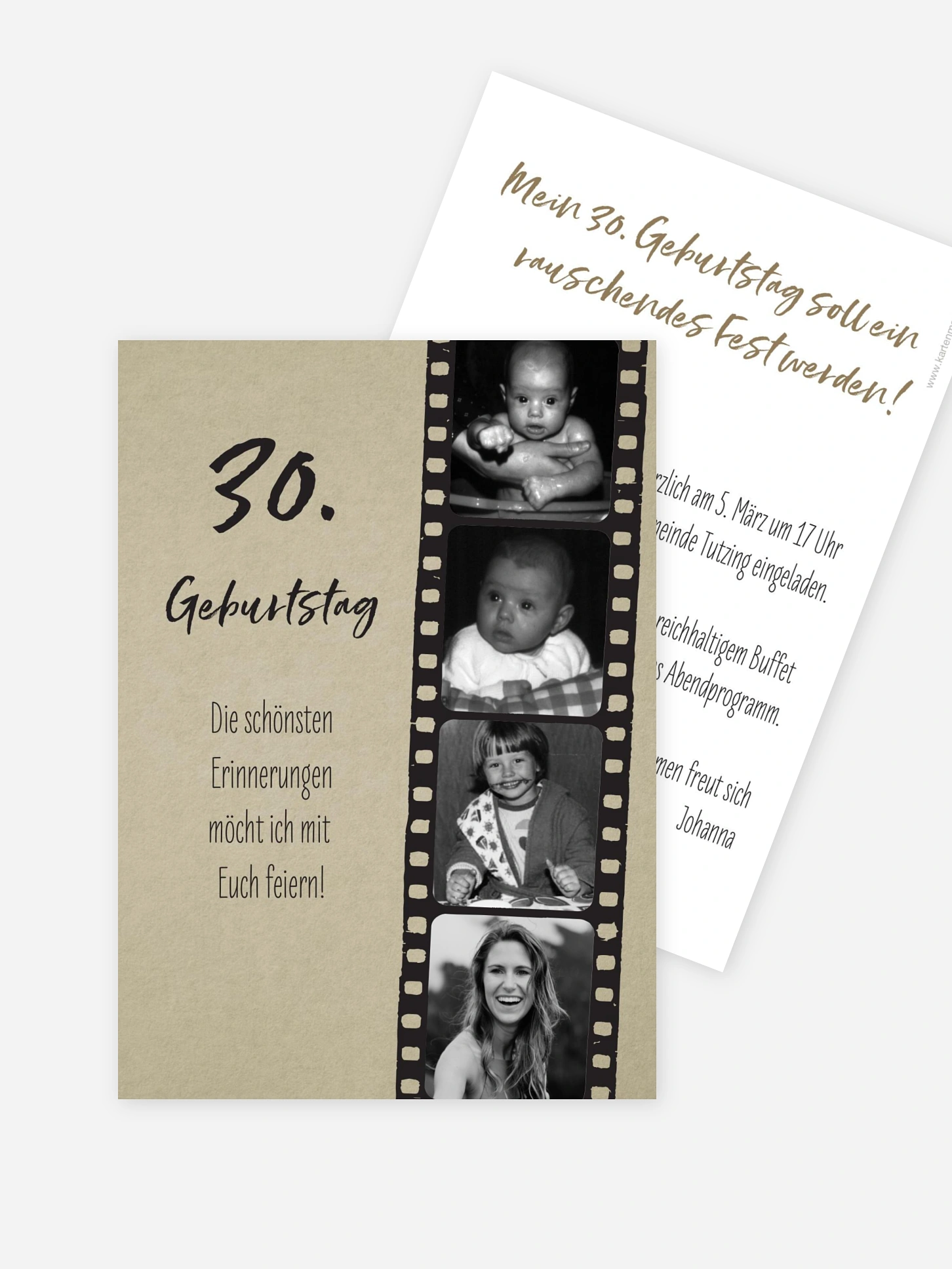 Einladung 30. Geburtstag in weiss, Postkarte hoch zum selbst gestalten. Geburtstagseinladung Design: Filmstreifen. Kartenmacherei Geburtstag|