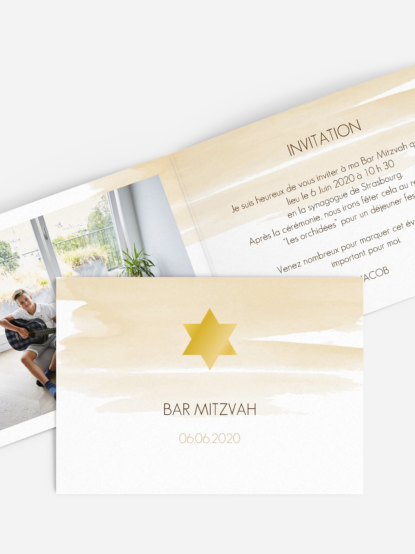 Faire-part Bar Mitzvah Colombe en aquarelle - dorure