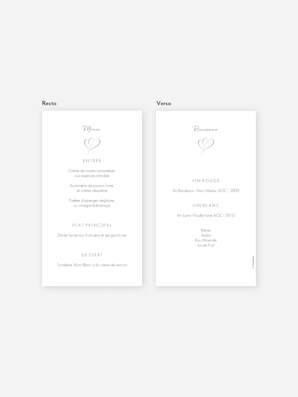 Menu mariage Coeur à coeur