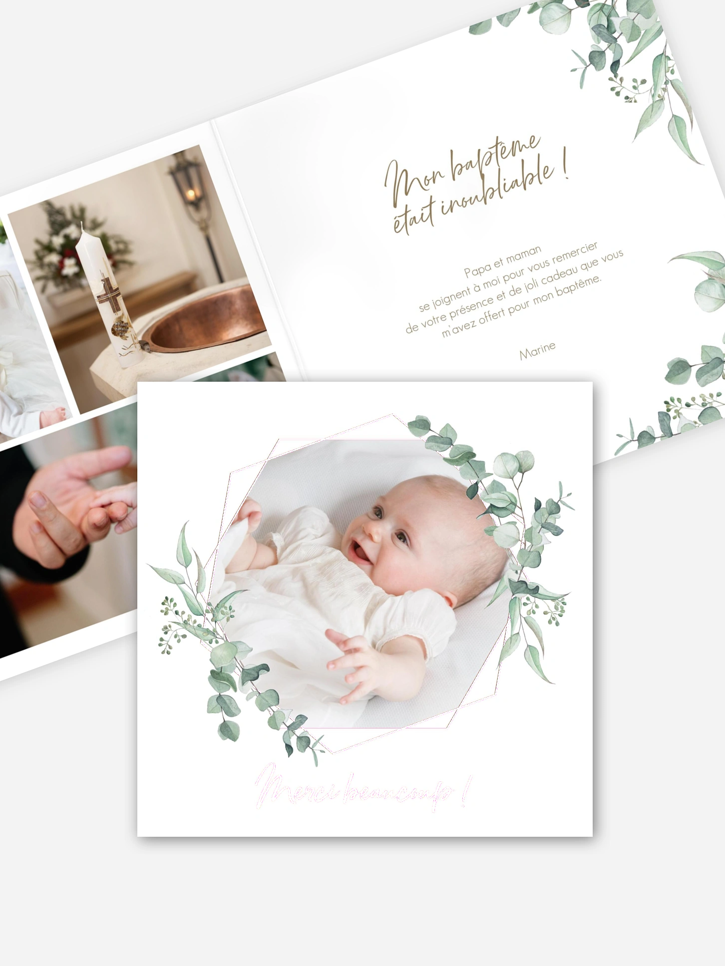 Carte remerciement baptême Soft Greenery