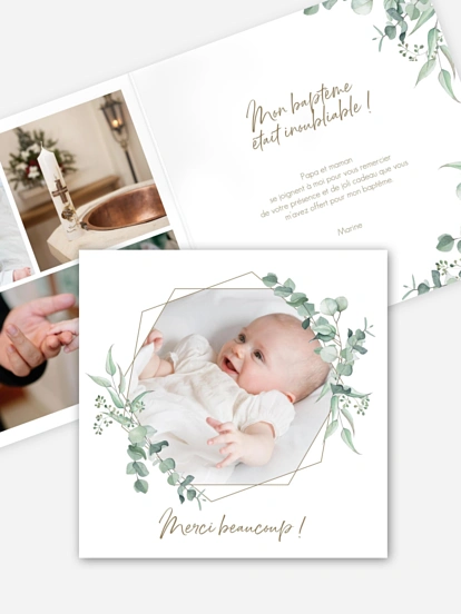 Carte remerciement baptême Soft Greenery