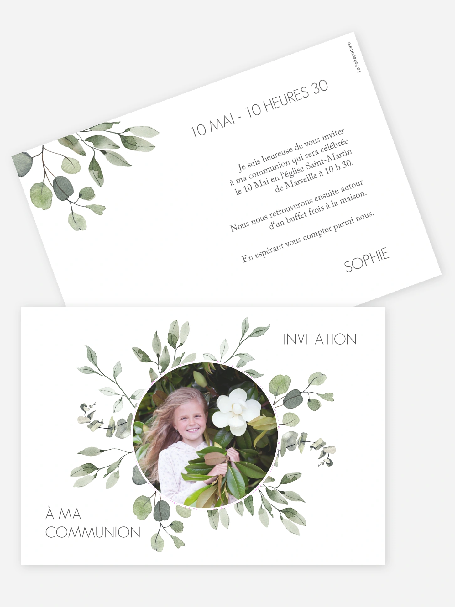 Invitation communion Feuilles d'eucalyptus