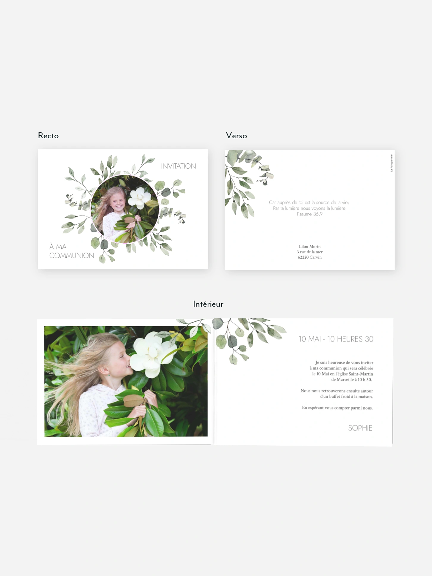 Invitation communion Feuilles d'eucalyptus