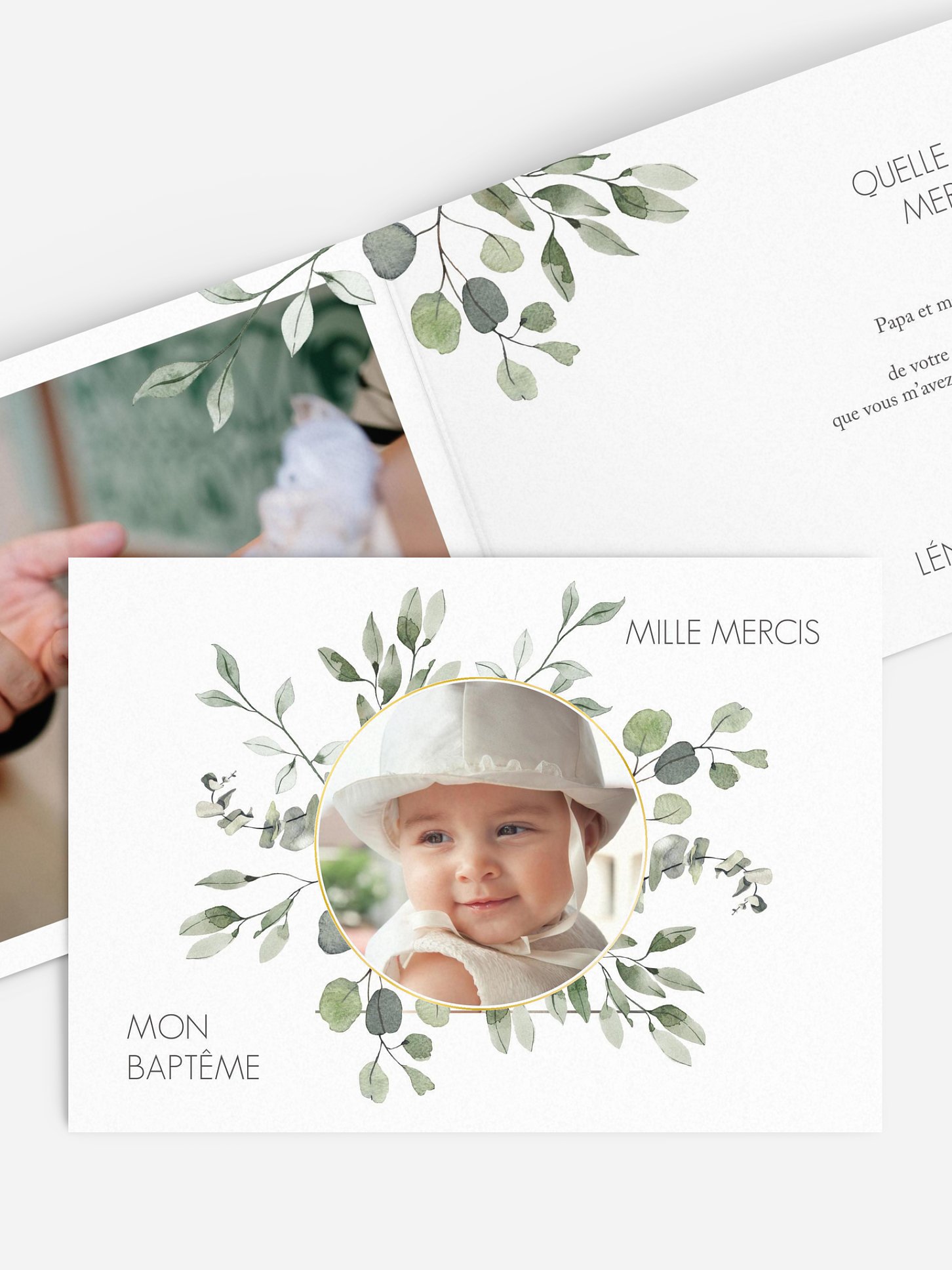 Carte remerciement baptême Feuilles d'eucalyptus