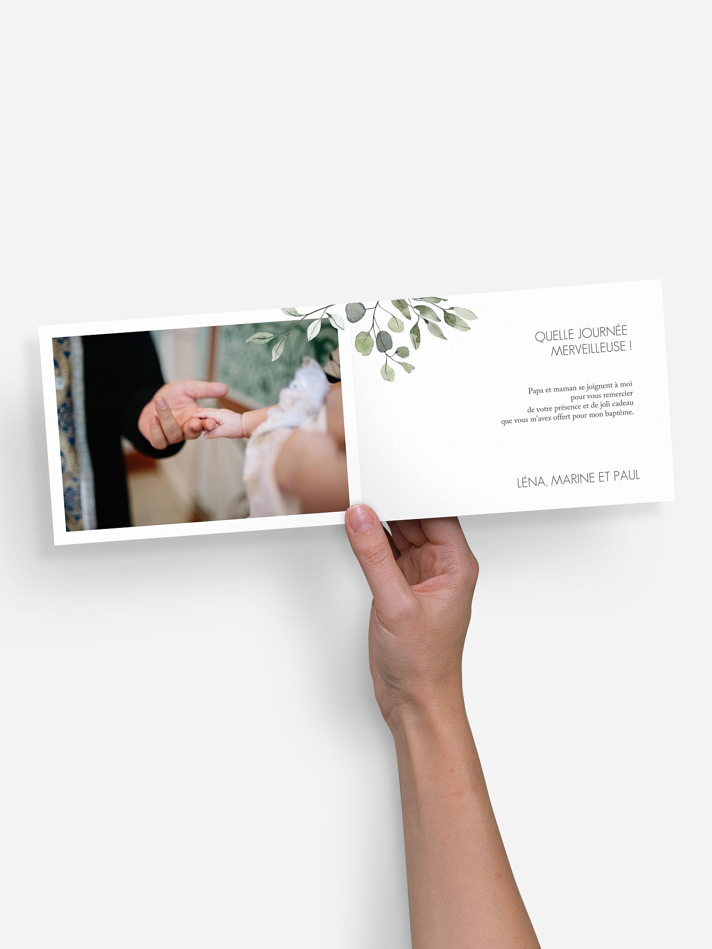 Carte remerciement baptême Feuilles d'eucalyptus