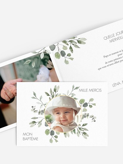 Carte remerciement baptême Feuilles d'eucalyptus