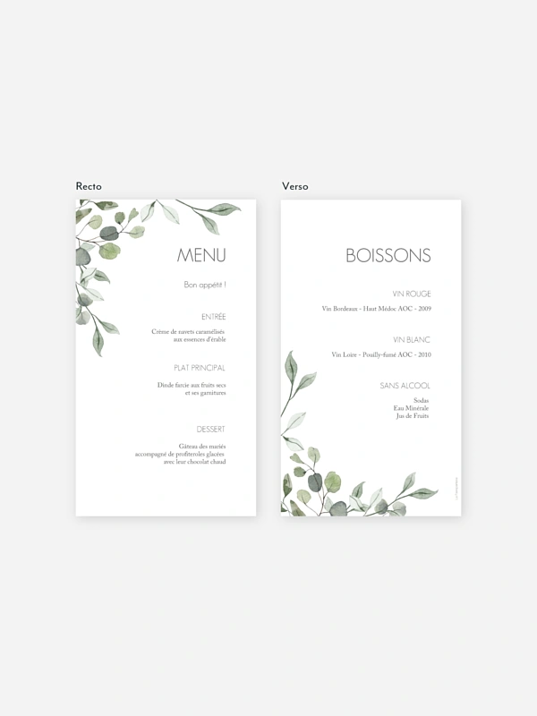 Menu mariage Feuilles d'eucalyptus