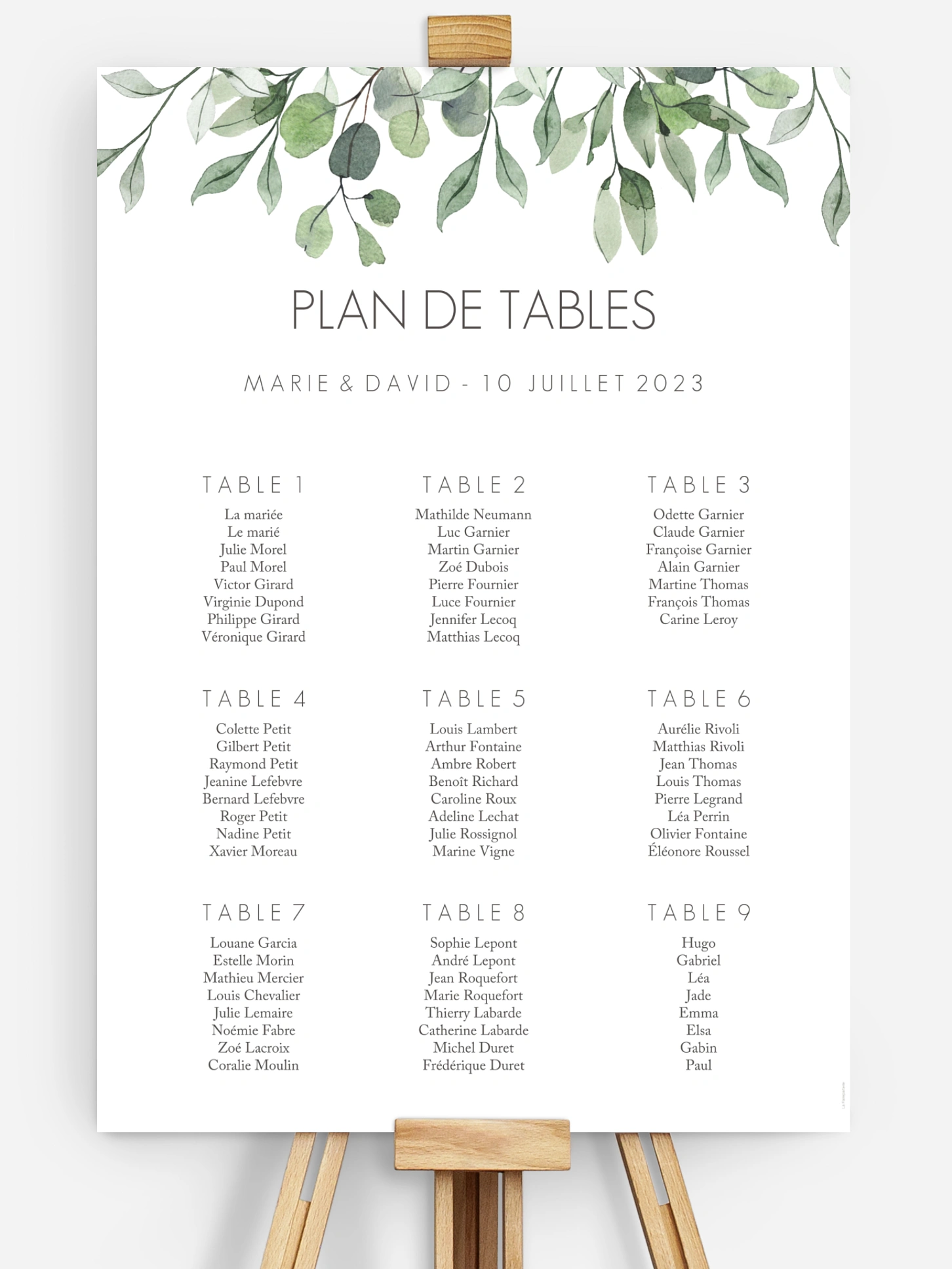 Poster plan de table mariage Feuilles d'eucalyptus