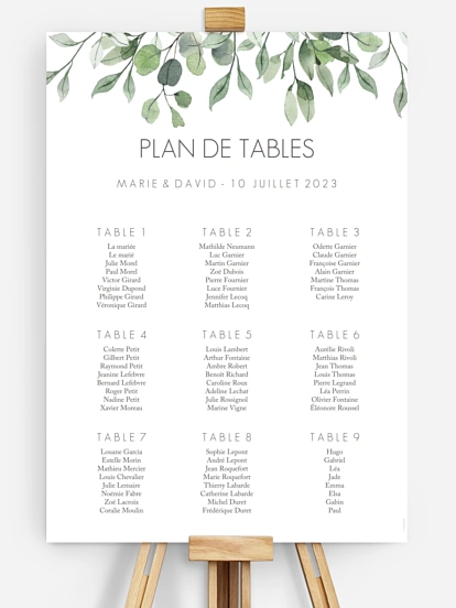 Poster plan de table mariage Feuilles d'eucalyptus