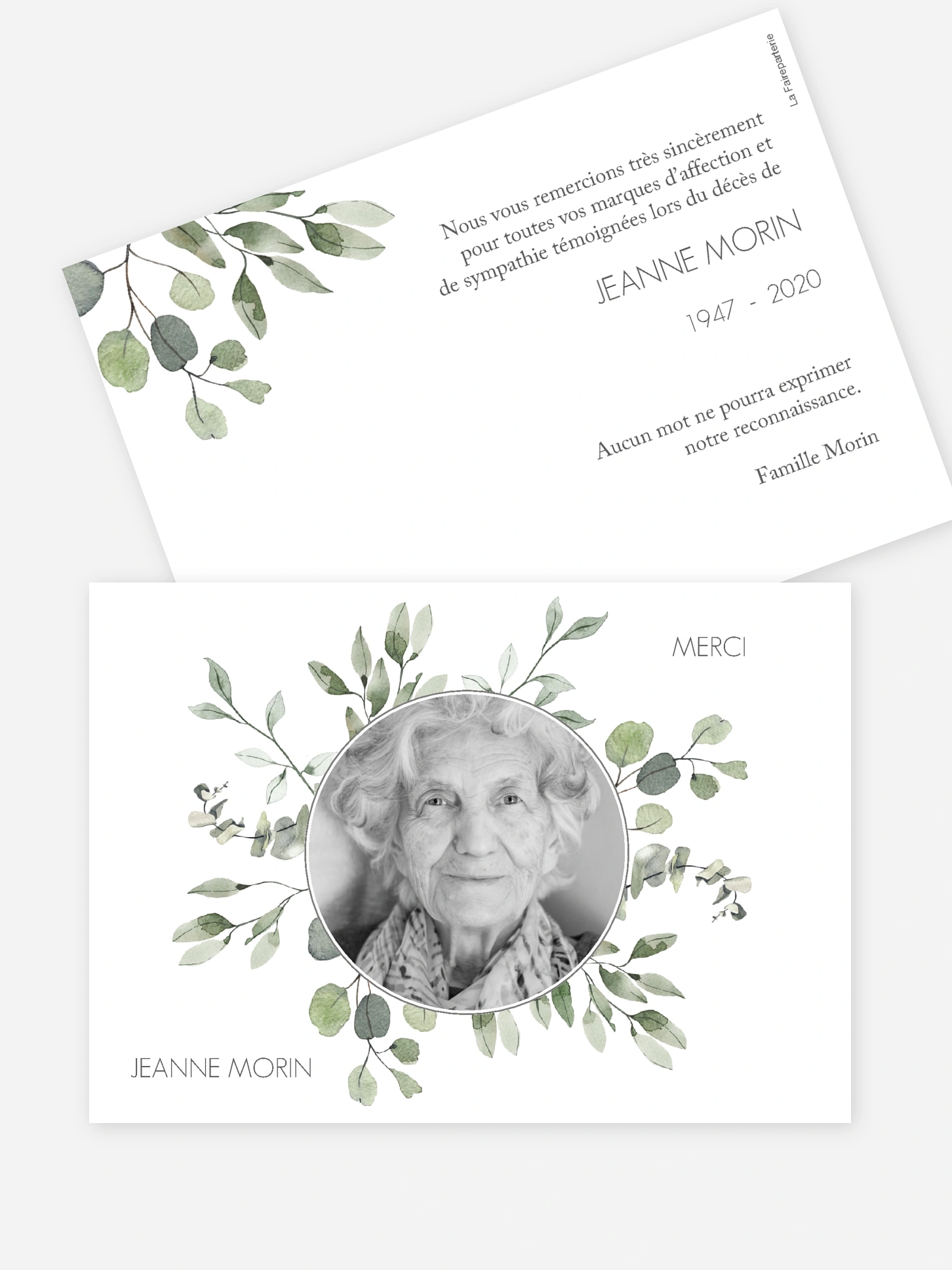 Carte remerciements décès Feuilles d'eucalyptus