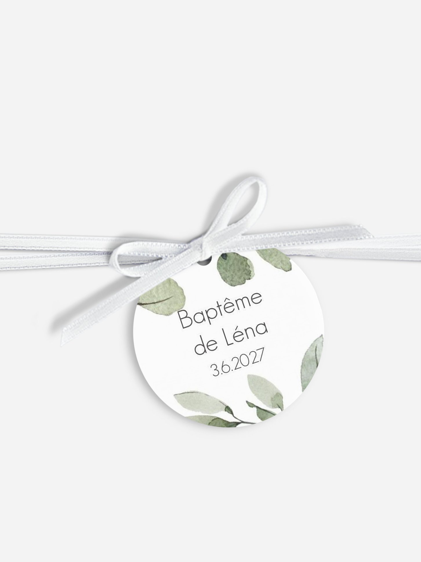 Étiquette avec ruban baptême Feuilles d'eucalyptus