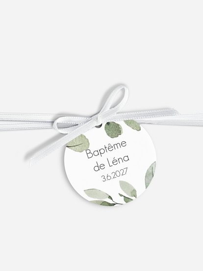 Étiquette avec ruban baptême Feuilles d'eucalyptus