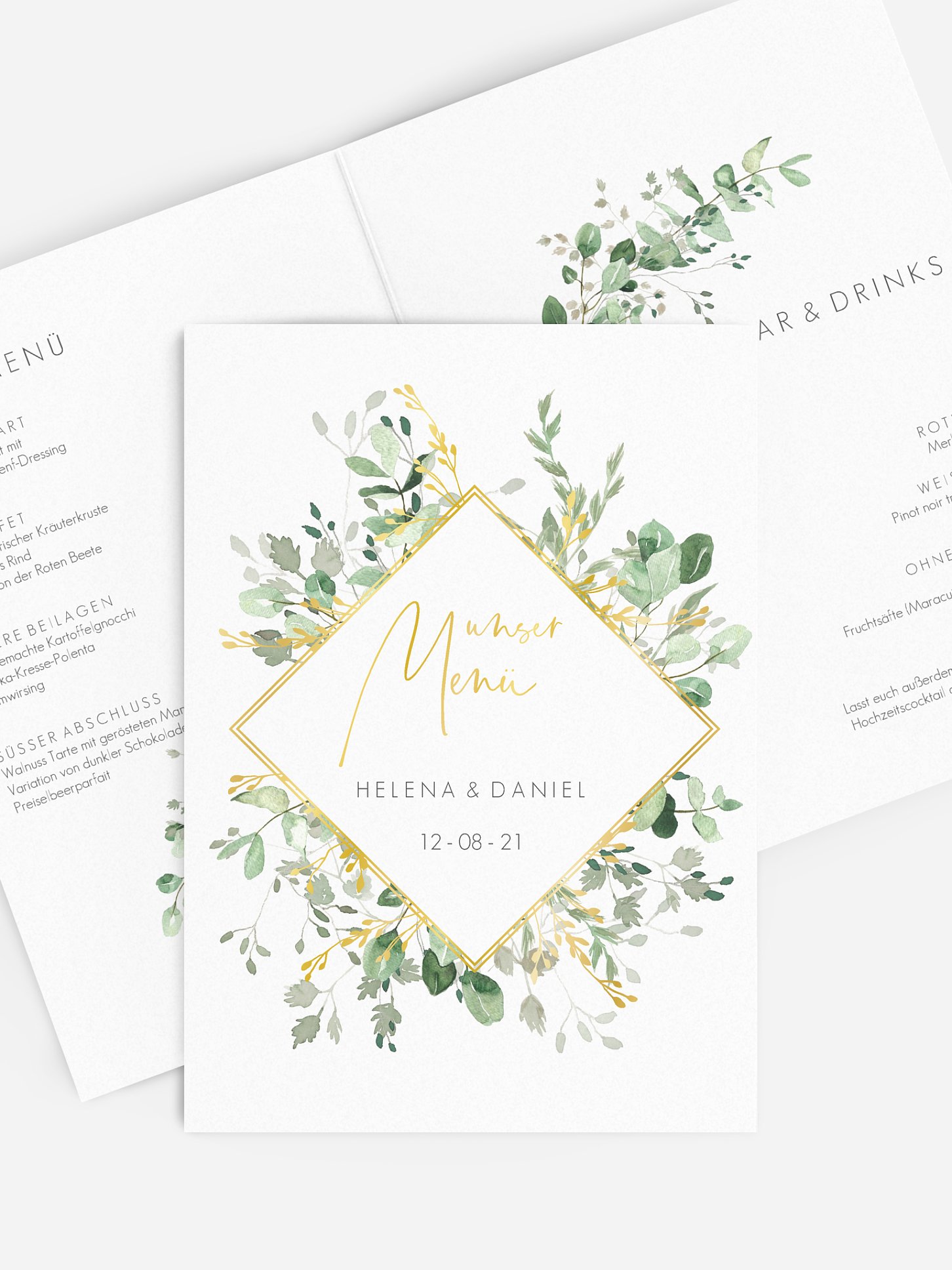 Menükarte Hochzeit Gold and Green