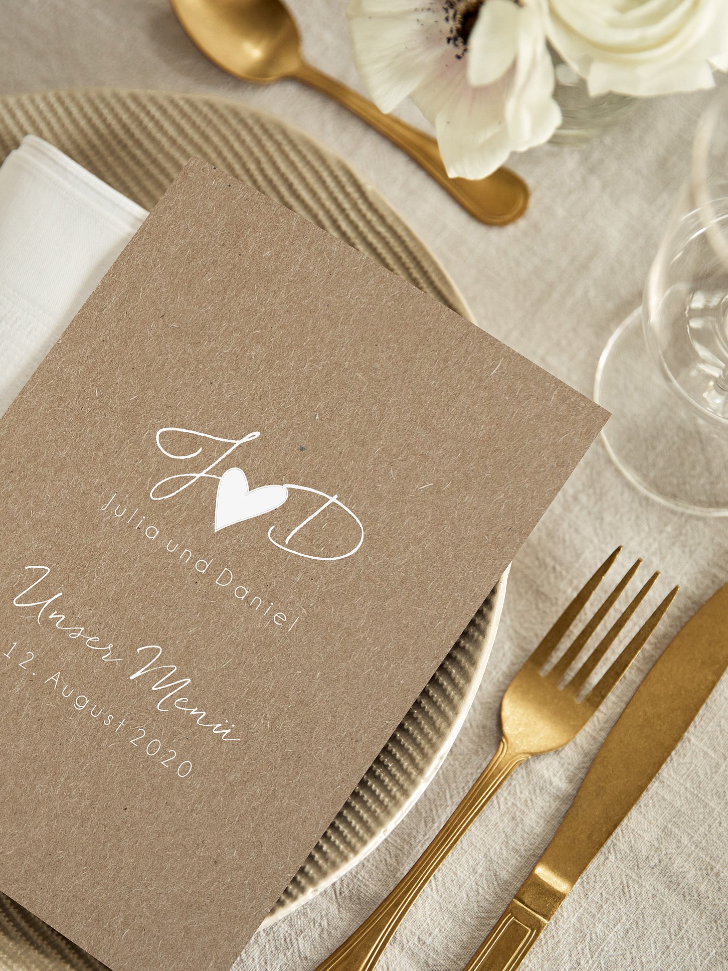 Menükarte Hochzeit Liebesglück Kraftpapier