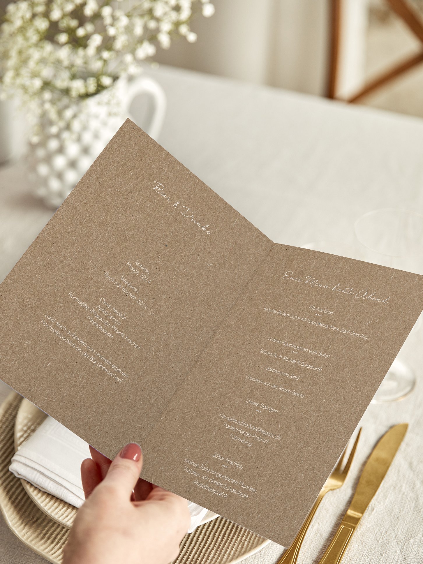 Menükarte Hochzeit Liebesglück Kraftpapier