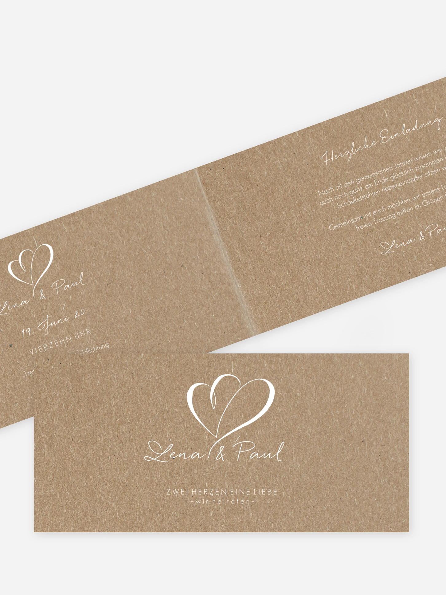 Hochzeitseinladung Herz an Herz Kraftpapier