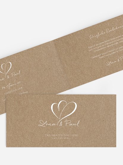 Hochzeitseinladung Herz an Herz Kraftpapier