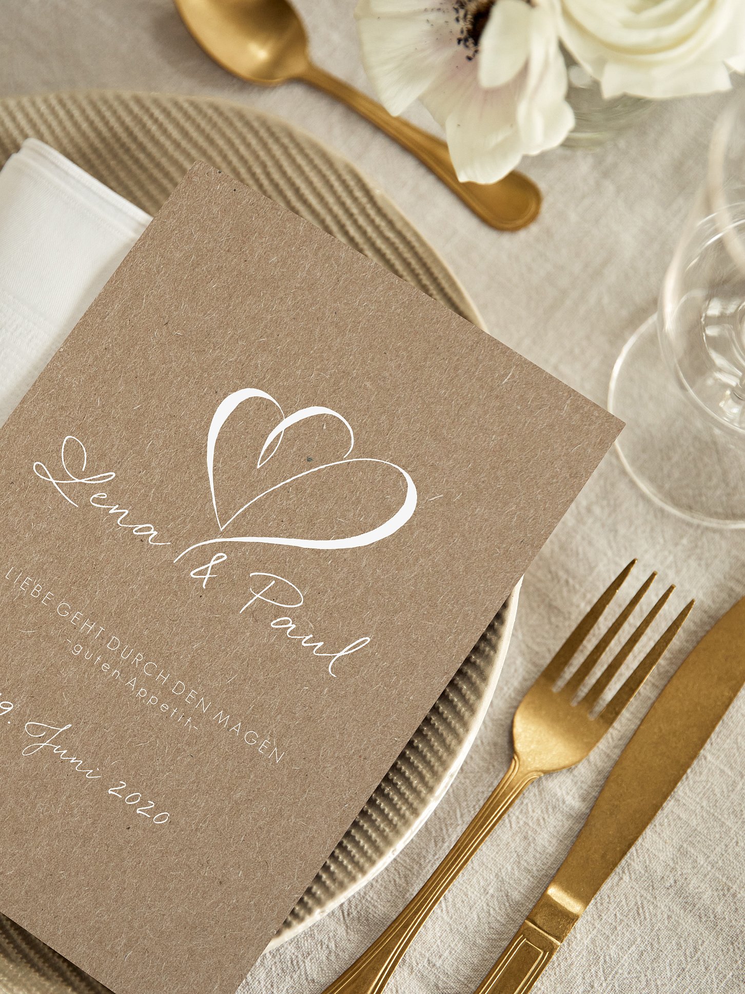 Menükarte Hochzeit Herz an Herz Kraftpapier